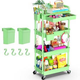 Goovilla 4 Tier Rolling Utility Cart Organizer with Removable Drawer, Stable and Sturdy Green Rolling Storage Carts with 2 Lockable Wheels for Bathroom, Kitchen, Snack, Craft, Makeup, Baby Essentials