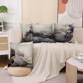 Minicoco Cushion Covers Outdoor Cushions Covers Linen Cushion Cover Outdoor Cushions for Garden Furniture 4 Pack Throw Pillow Case for Garden, Sofa 45 x 45cm (Black Marble)