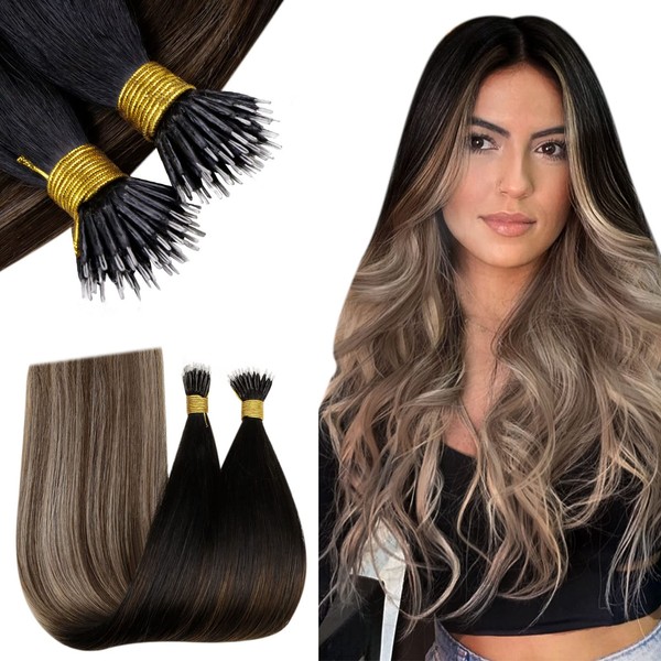 RUNATURE Nano Extensions Real Hair Ombre Brown 30 cm Hair Extensions Real Hair Nano Ring Balayage Black Ombre Brown with Blonde 40 g / 50s Nanoring Extensions Real Hair 1 g Pre Bonded #1B/4/27