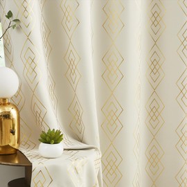 UGOUTRY 100% Blackout Curtains for Berdoom, Gold on Beige Metallic Geometric Diamond Pattern Curtains 96 Inches Long Living Room Darkening Thermal Insulated Drapes Grommet Top Window Curtain, 2 Panels