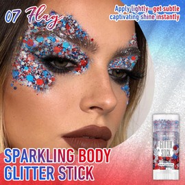 Barra de purpurina para cara y cuerpo, color rojo, blanco y azul, lentejuelas gruesas, purpurina para cara y cuerpo para mujeres y niñas, maquillaje con purpurina para cara y cabello con