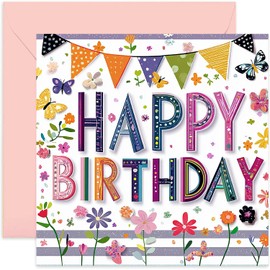 Happy Birthday Card s for Her, Bright and Colourful Floral Party Cards for Women, Premium Card with Envelope Made in UK, Birthday Wishes for Female, Butterfly Banner Flowers