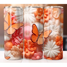 Tumbler 3D Orange Butterfly Flowers Tumbler 20oz Skinny Cup Mug Lid w/ Straw Stainless