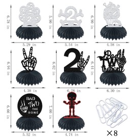 8 Pcs Black Silver Bad Two The Bone Honeycomb Centerpiece,Skeleton Themed Rock and Roll 2nd Birthday Party Decor,Born to Rock 2 Year Old Birthday Party Decoration Supplies