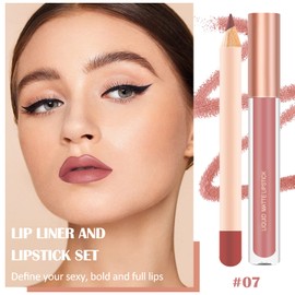 Prreal 2 Pieces Lip Liner and Lipstick Makeup Set, Matte Liquid Lipstick + Matching Lip Liner, Nude Velvety Lipstick Makeup Kit Gift Set, Waterproof Long Lasting Labiales Mate 24 Horas Original (07)