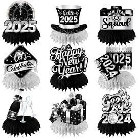 New Year Table Decorations Honeycomb Centerpiece,9pcs Happy New Year Table Centerpiece Black and Silvery New Years Eve Centerpieces,New Years Eve Party Supplies 2025 for New Years Eve Celebratory