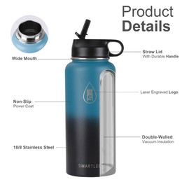 Smartlee Insulated Water Bottle with Straw & Spout Lid - 32oz Leak-Proof Vacuum Insulated Water Bottle with Strainer Thermos Sports Water Bottle (Green-Black Gradient)