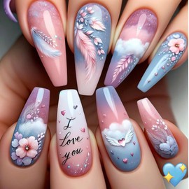 Valentine's Day Press on Nails Long Coffin Fake Nails Heart Flower False Nails with Feather Clouds Designs Full Cover Stick on Nails Glossy Glue on Nails for Women Girls Manicure Decorations 24Pcs