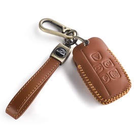 for Land Rover Jaguar Key Fob Cover with Keychain, Leather Car Key Case Full Protector Fit for Evoque Velar Sport Discovery Freelander2 LR4 Sport Jaguar XF XJ XE F-PACE F-TYPE, Brown