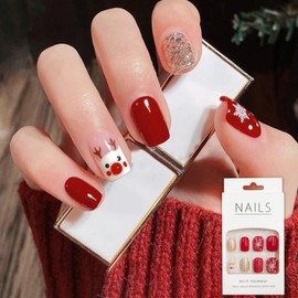 Christmas False Nails, Fake Nails Press on Nails with Glue, Glitter Red Silver Burgundy Reindeer Short Square Acrylic Christmas Stick on Nails for Women Nail Art Decoration Accessories, 24PCS