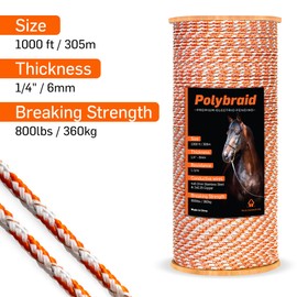 Electric Fence Polybraid 1000ft Thickness 1/4" - Premium Heavy Duty Braided Polyrope - High Visible Rope Fencing for Horse, Cattle, Livestock - 6 Wire Conductors: 2X Cooper and 4X Stainless Steel