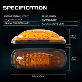 yifengshun Yifengshun 4pcs 3LED Amber/Yellow Side Marker Lights 12-24V Super Bright Waterproof Trailer Light Applicable For Truck Camper Truck RV Boat Front Rear Marker Lights For