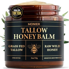 MONIER Beef Tallow and Honey Balm for Skin and Face – Moisturizer with 100% Organic Grass-Fed Beef Tallow & Raw Wild Honey – Natural Formula for Dry & Sensitive Skin – 2oz, Unscented