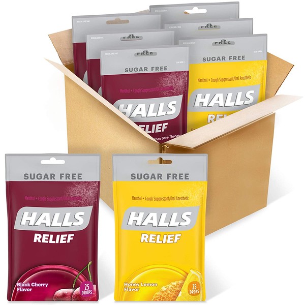 HALLS Relief Variety Pack Honey Lemon and Black Cherry Sugar Free Cough Drops, 6 Packs of 25 Drops (150 Total Drops)
