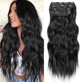 [ KooKaStyle ] Clip- in Synthetic Hair Extensions Long Wavy 4PCS Thick Hairpieces  Double Weft Natural Hair Extensions for Women:_Black_24inch