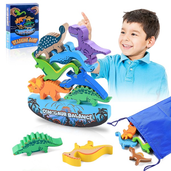 Wooden Dinosaur Stacking Toy, Dinosaur Balance Game, Rocking Stack Balance