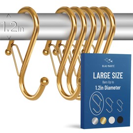 Blau Marité 6-Pack Metal S Hooks for Hanging – Heavy-Duty S-Shaped Hook with Safety Buckle – Fits Bars up to 1.2 in – Anti-Drop S-Hooks for Closet, Wardrobes & Storage – Golden (Large)
