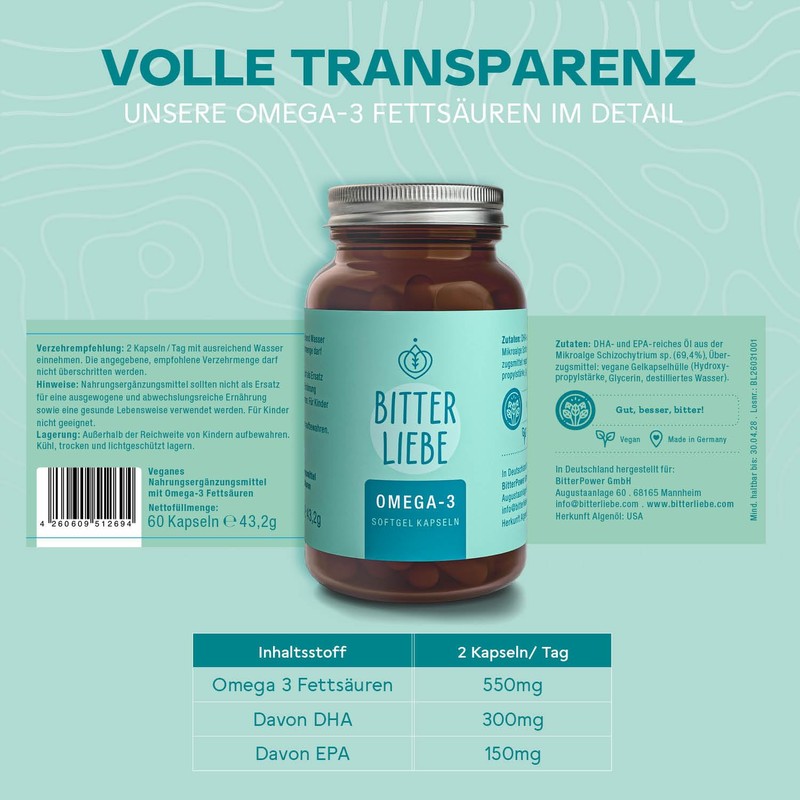 BitterLiebe - Omega 3 vegan capsules high dose made from