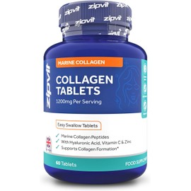 Zipvit Marine Collagen 1200mg Tablets with Hyaluronic Acid, Vitamin C, and Zinc. High Strength Type 1 Collagen for Men and Women, Supports Hair, Skin, and Nails, 60 Tablets, 1 Month Supply
