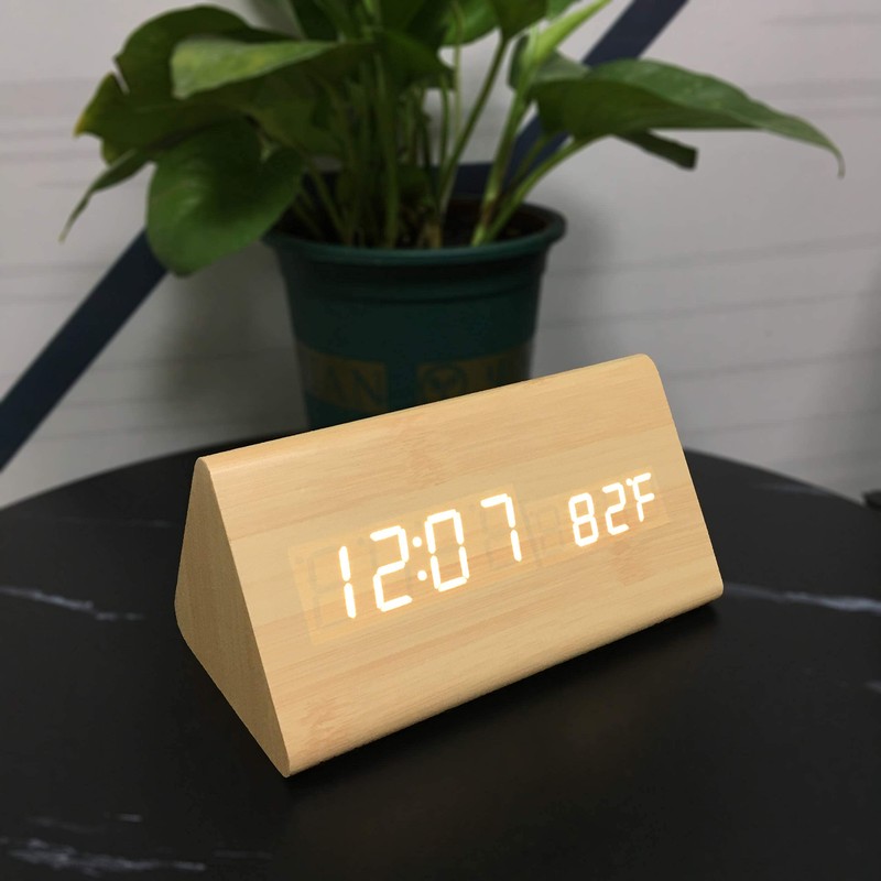 Voltstech Digital Alarm Clock, Triangle Wooden Clock with LED Display,