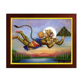 zig zag Hindu Hanuman Anjani Putra flying over sea with doondri mountain, Elegant Poster Photo picture Frame For For Wall hanging ,Temple, pooja Room, Worship ( 24 x 34 cm , Brown Golden Border )