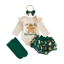 My First Christmas Baby Girl Outfit Long Sleeve Santa/Gingerbread Newborn Infant Romper Skirts Headband Socks Sets (Green, 0-3 Months)