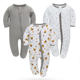 Pack of 3 Baby Pyjamas Sleepsuits Toddler Cotton Girls Romper 2-Way Zip Feet Pyjamas 3-6 Months
