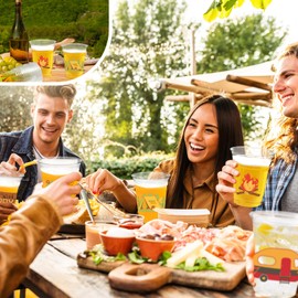 CUPLOOV 50 Pcs Happy Camping Cups, 12Oz Bulk Disposable Drinking Camping Theme Plastic Cups for Coffee Tea Beverage Backyard Birthday Shower Wedding Party Decorations Favors