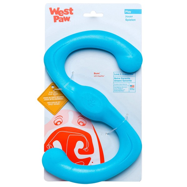 West Paw Zogoflex Bumi Dog Tug Toy – S-Shaped, Lightweight Chew Toys for Fetch, Play, Pet Exercise – Tug of War Soft Flinging Squishy Chewy Toy for Dogs – Guaranteed, Latex-Free, Large 9.5", Aqua Blue