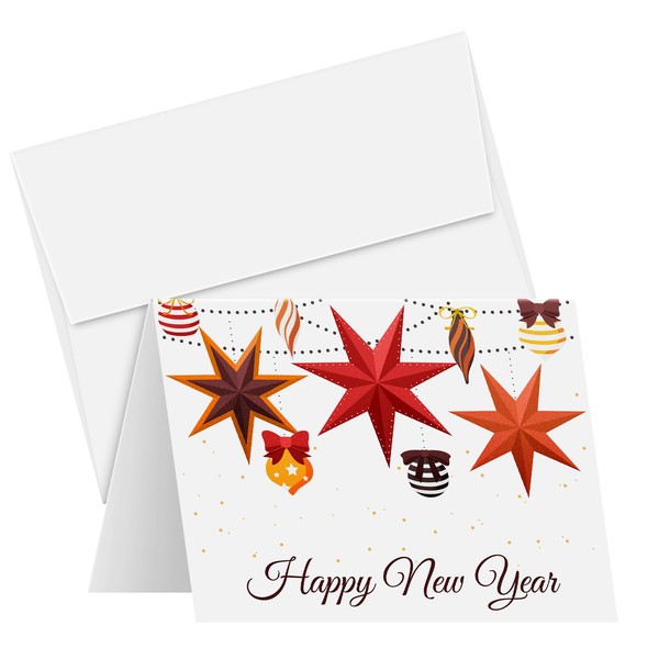 2024 Happy New Year Greeting Cards – Lanterns and Baubles Christmas Xmas Holiday Greetings, Invitations, Thank You's, Announcements, Gift & Presents – 25 Per Pack, Envelopes Included – 4.25 x 5.5"