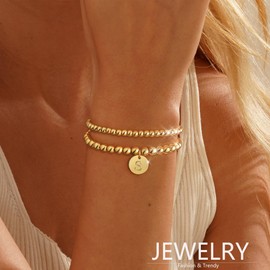 Honsny Gold Beaded Bracelet for Women 18K Gold Plated Initial Bracelets Dainty Stack Stackable Non Tarnish Bracelets Set Adjustable Letter A-Z Charm Bracelet for Women Trendy Gold Jewelry Gifts