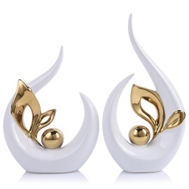 13" H White and Gold Decor Modern Abstract Art Ceramic Statue and Sculpture, White Gold Decor Accent, for entryway Dining Table Living Room Office Bedroom Kitchen adornos para sala Scandinavian