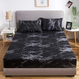 Damier Marble Fitted Sheet, 140 x 200 cm, Black White Marble Pattern Fitted Sheet, Soft Microfibre Box Spring Bed Sheet Suitable for Mattresses of 30 cm