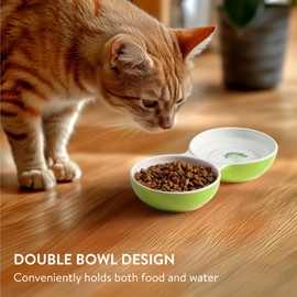 Navaris Twin Feeding Dog or Cat Bowls - Durable Double Ceramic Kitten or Puppy Bowl Set - Ideal for Food & Water for Small Pets - Space-Saving Design & Easy to Clean - Green
