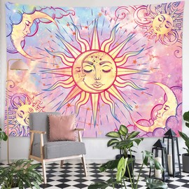 Ohjijinn Pastel Pink Tapestry Burning Sun Tapestry Mystic Boho Tapestry Moon Wall Hanging Trippy Tie Dye Tapestry for Bedroom Aesthetic Home Decor (Pastel, 59.1" x 82.7")