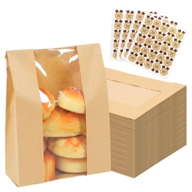 DeziWood 100 Packs Paper Bread Bags for Homemade Bread, Sourdough Bread Bags with Clear Window Includes Label Seal 100 Pcs Stickers, Bakery Packaging Bags for Cookies Bread (13.7x8.2x3.5 inch)