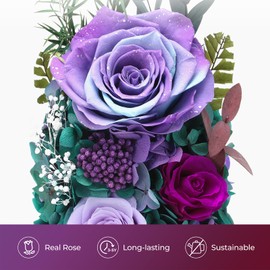 Dsuto Forever Fresh Roses Flowers for Delivery Prime - Preserved Purple Flower Bouquet in Glass Dome as Birthday Gifts for Women & Mothers Day Gift Basket for Mom, Grandma, Wife, Daughter and Friends