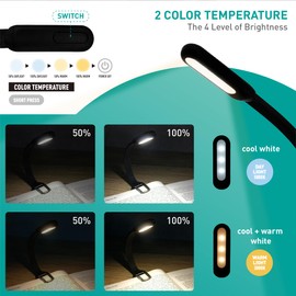 RADIXIUM LED Rechargeable Book Light for Reading in Bed- Eye Caring 4 Color Temperatures, Stepless Dimming Brightness, Lightweight Flexible Clip on Book Light for Book Lovers Black (Black)