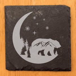 Mystic Moon and Stars Slate Coasters - Laser Etched Bear and Mountain Scene - Unique Home Decor Gift - Square Slate - set of 4
