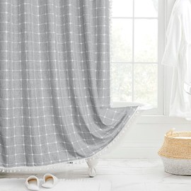 MitoVilla Modern Farmhouse Shower Curtain Set, Grey Boho Shower Curtains for Bathroom Decor, Vintage Rustic Thick Linen Fabric , Country Tassel Cloth, 72 x 72
