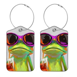 2 Pcs Luggage Tags, Funny Frog Drinking Juice Prints PU Leather Luggage Tag with Privacy Flap Name ID Label for Suitcase Travel Bag Backpack