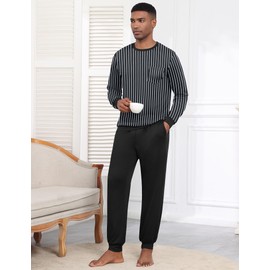 Ekouaer Mens Long Pyjamas Set Pjs with Cuffs Long Sleeve Pyjamas for Men Pjama Nightwear Loungewear Set, Black Stripe + Black, M