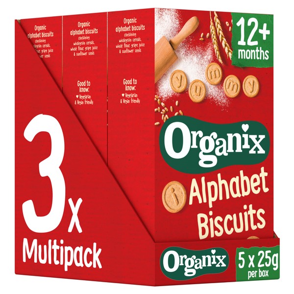 Organix Alphabet Biscuits Organic Toddler Snack Biscuits 12+ Months 5 x 25 g (Pack of 3)