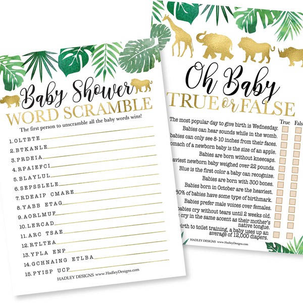 Hadley Designs Safari Baby Shower Games Gender Neutral - 2 Games Double Sided, 25 Word Scramble For Baby Shower Ideas, 25 True Or False Baby Shower Game, Gender Reveal Games For Guests