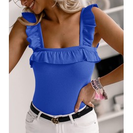 Womens Cute Sleeveless Tank Tops Ruffle Strap Square Neck Blouse Solid Color Knitted Camisole Royal Blue