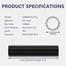 ShnminEU Exhaust Hose 100 mm Black Length 3 m Flexible PVC Aluminium Pipe Ventilation Hose with 2 Stainless Steel Hose Clips and 5 m Aluminium Foil Tape for Tumble Dryer Extractor Hood Mobile Air