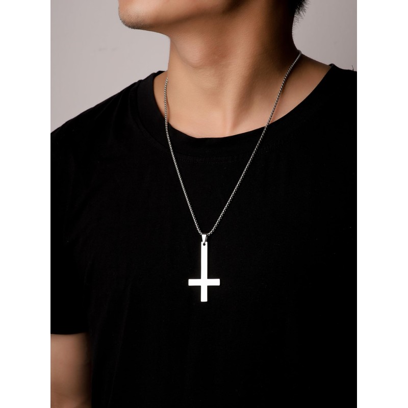 HAQUIL Inverted Cross Necklace for Men, Silver Plated Stainless Steel