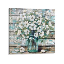 CHUKIWIS Rustic Style Canvas Wall Art Teal Blue Mason Jar White Flower Country Canvas Painting Home Decor Bathroom Living Room Dining Room Office Kitchen Ready to Hang 24"x24"