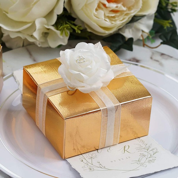 Efavormart 100 pcs of 4x4x2 Gold Design Favor Candy Box Design Premium Quality Cardstock Boxes for Candy Treat Gift Wrap Box Party Christmas New Year Wedding Party - Gold
