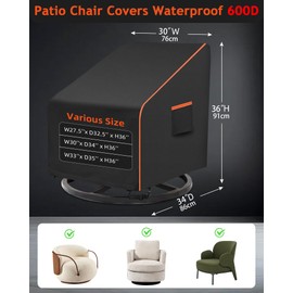 Outdoor Waterproof Patio Chair Covers, Heavy Duty oxford coating Weather Resistant Patio Furniture Covers 600D 30W x 34D x 36H inches 2-Pack, Black